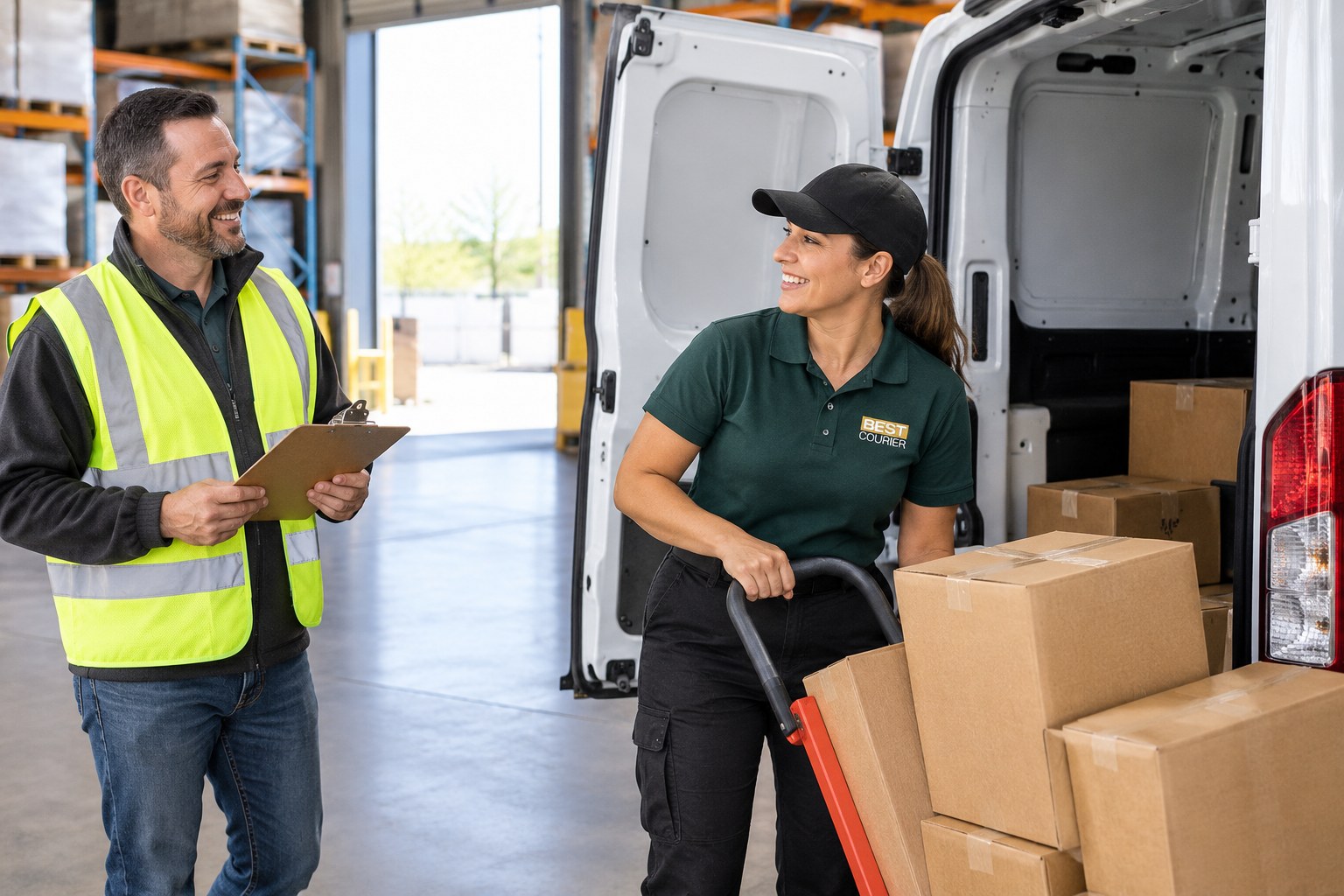 Best Courier driver loading boxes into a cargo van beside a smiling warehouse manager