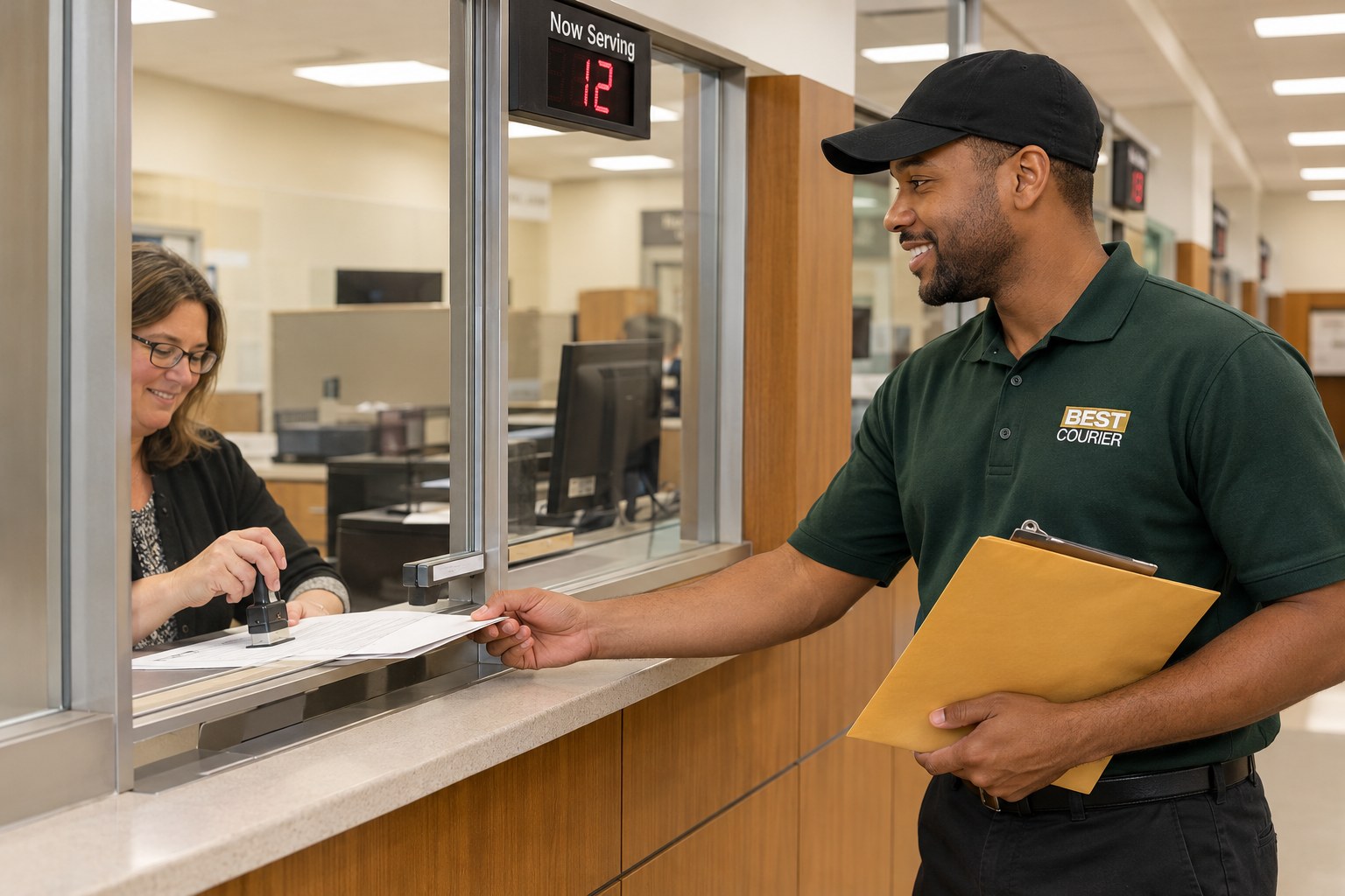 Best Courier courier handing paperwork to a clerk at a government service window