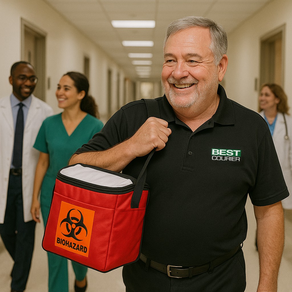 Best Courier courier carrying a specimen bag through a hospital hallway